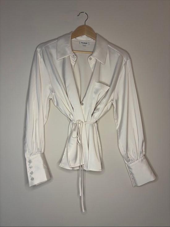 Darling Tops - Darling Cream Satin Tie Waist Button Down Blouse